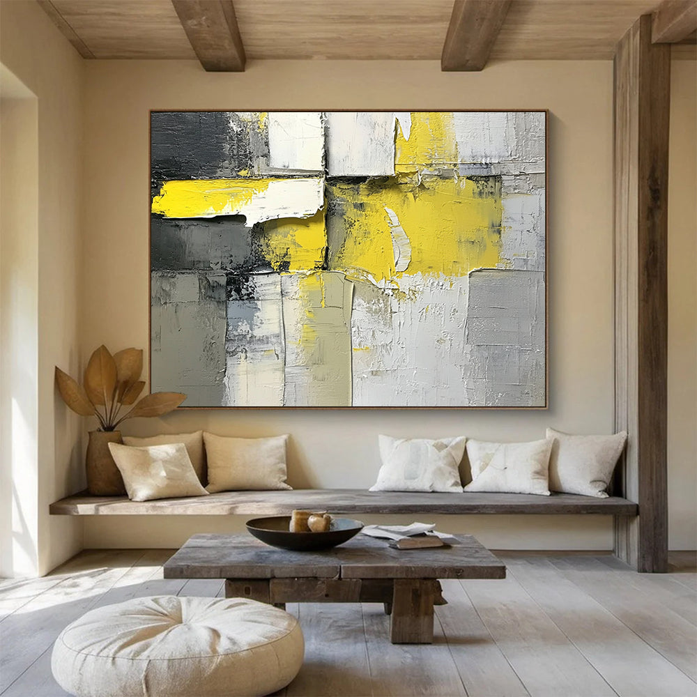 “Geometric Energy” - Yellow, Gray, White, Textured Cubes Painting On Canvas HB1037