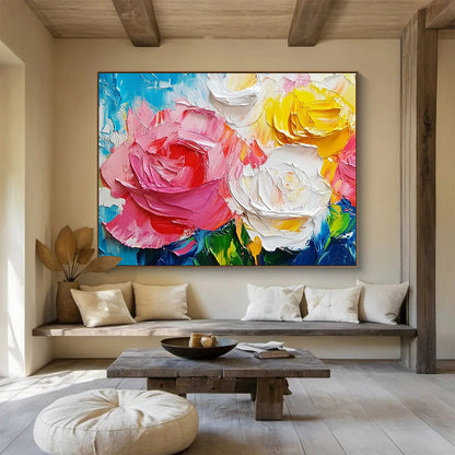 “Colorful Rose Impasto” - Pink, Yellow, White, Blue - 3D Rose Bouquet - Impasto Painting HB1302