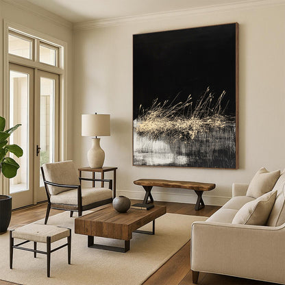 Black, Gold, White, Grass - like Swirls "Midnight Meadow" Abstract Modernist Painting On Canvas HB084