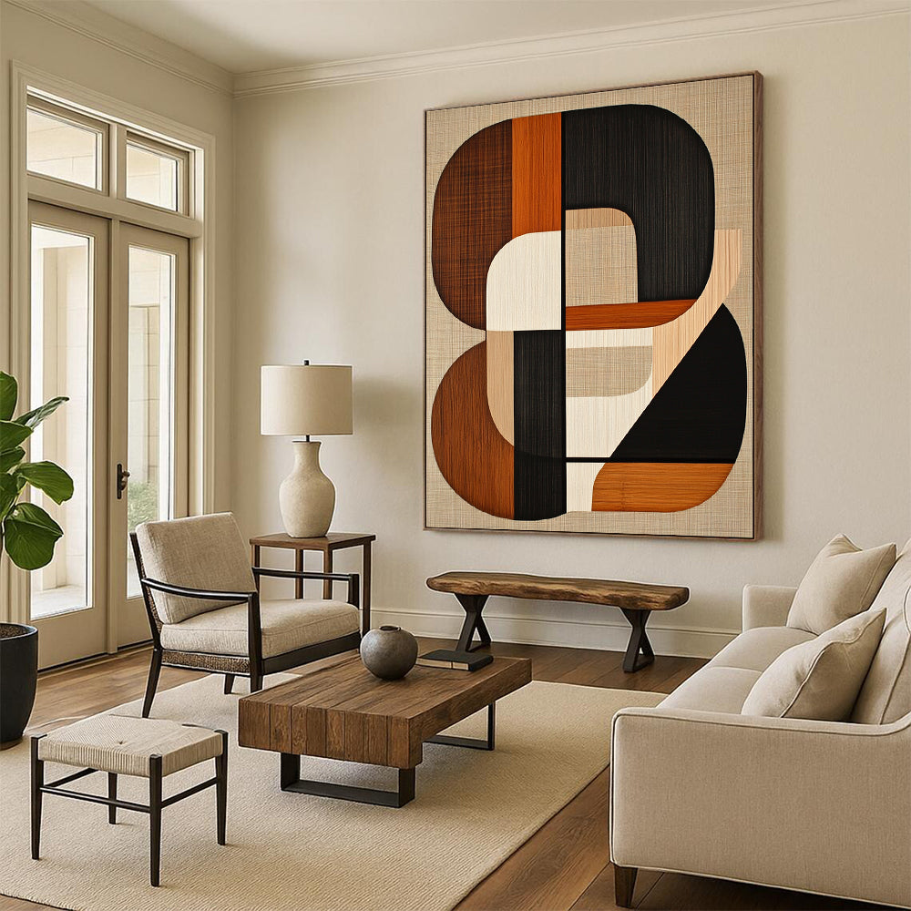 Contemporary hand-painted abstract artwork featuring mid-century modern shapes in earth tones with black lines on a beige background. DLZ1599