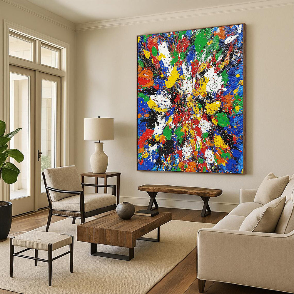 Vibrant contemporary abstract painting featuring chaotic splatters in bright primary colors showcasing dynamic brushstrokes and intricate textures. DLZ1407