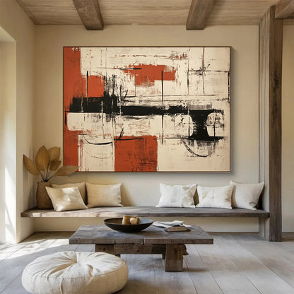 “Red Black White Abstract” - Red, Black, White, Textured Forms, Grid Elements - Painting On Canvas HB1439