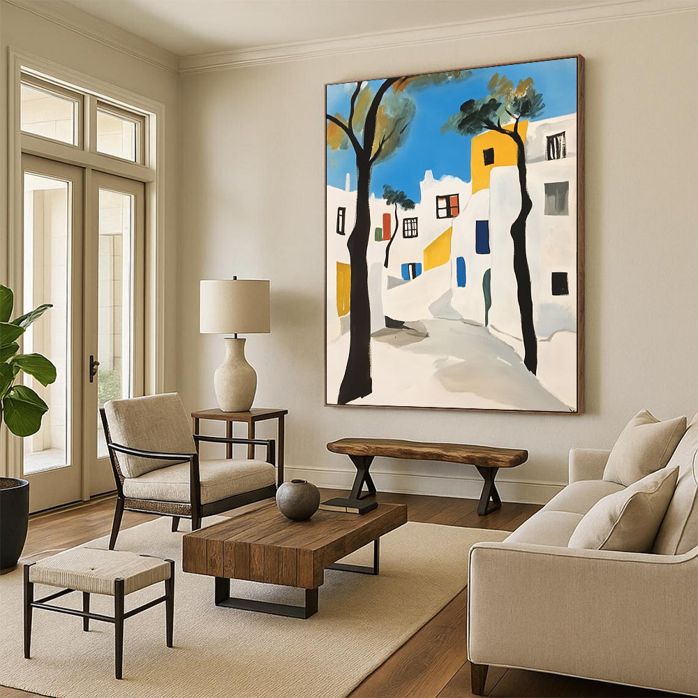 Contemporary hand-painted abstract art featuring Mykonos white buildings with black outlines minimalistic shapes and vibrant blue trees against a crisp white background. DLZ1383