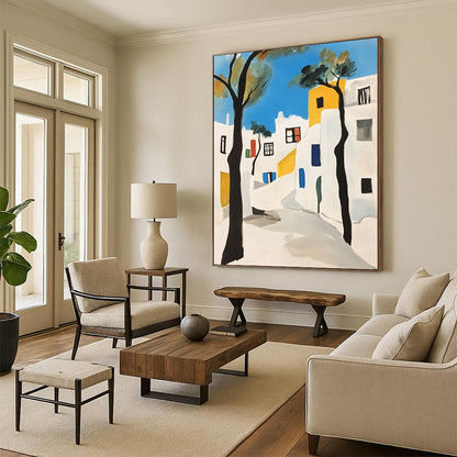 Contemporary hand-painted abstract art featuring Mykonos white buildings with black outlines minimalistic shapes and vibrant blue trees against a crisp white background. DLZ1383