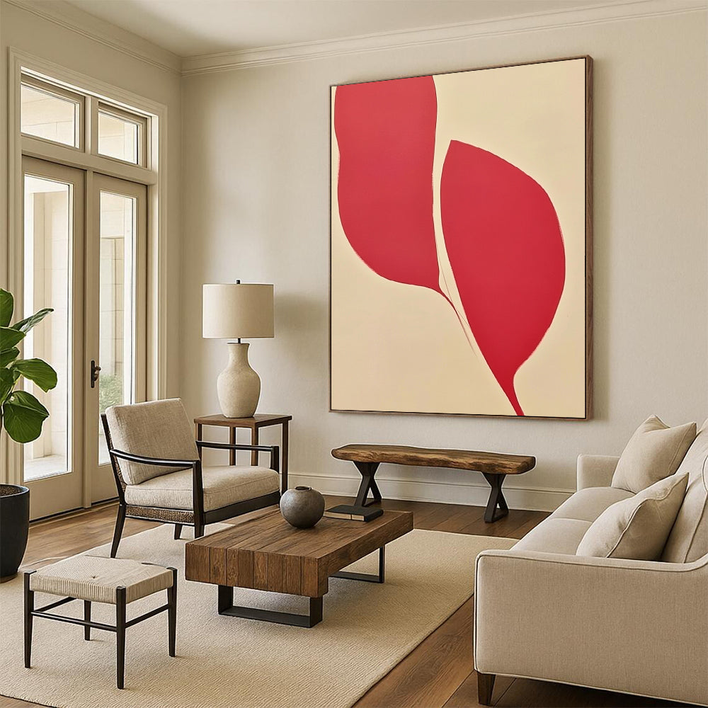 Contemporary abstract art featuring a symmetrical design with two petal-like shapes in red and pink against a white background, showcasing elegant curves and vibrant colors. DLZ1450