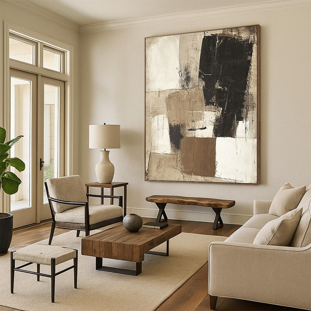 Contemporary hand-painted abstract art featuring large beige white and black squares with textured depth and harmonious yet chaotic forms. DLZ1036