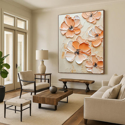 Contemporary abstract art features peach-colored flowers against a cream background with an embossed effect in beige and white for an elegant aesthetic. DLZ1688