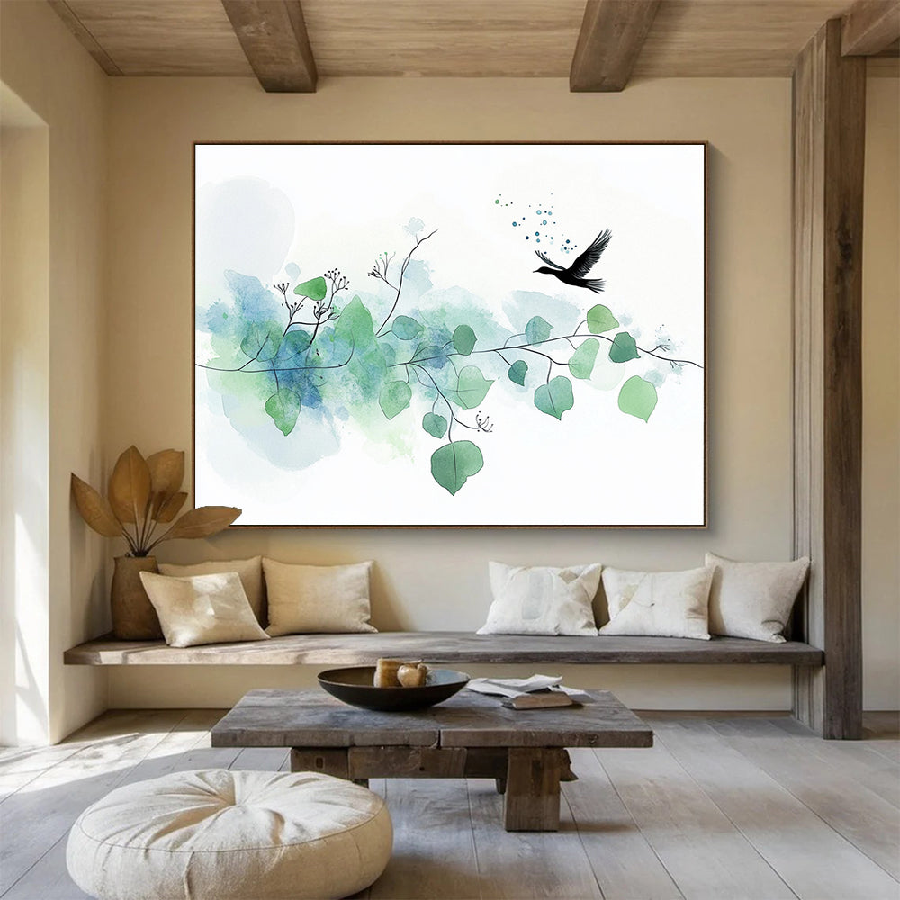 “Delicate Bird & Branches” - Green, Blue, Bird, Branches Painting On Canvas HB0762