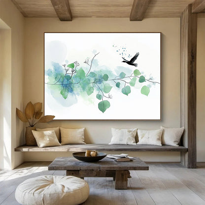 “Delicate Bird & Branches” - Green, Blue, Bird, Branches Painting On Canvas HB0762