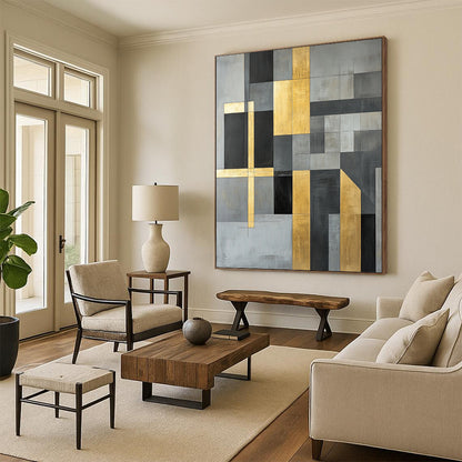 Gray, Black, Gold and White Geometric Composition "Timeless Structure" Painting On Canvas HB354