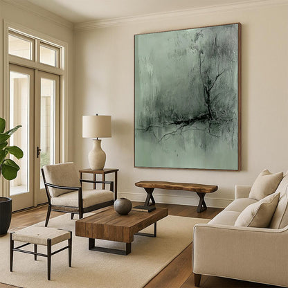 Contemporary hand-painted abstract art features a gray-green textured background with dark lines and a blurred silhouette, evoking a mysterious atmosphere with delicate brushwork. DLZ0504