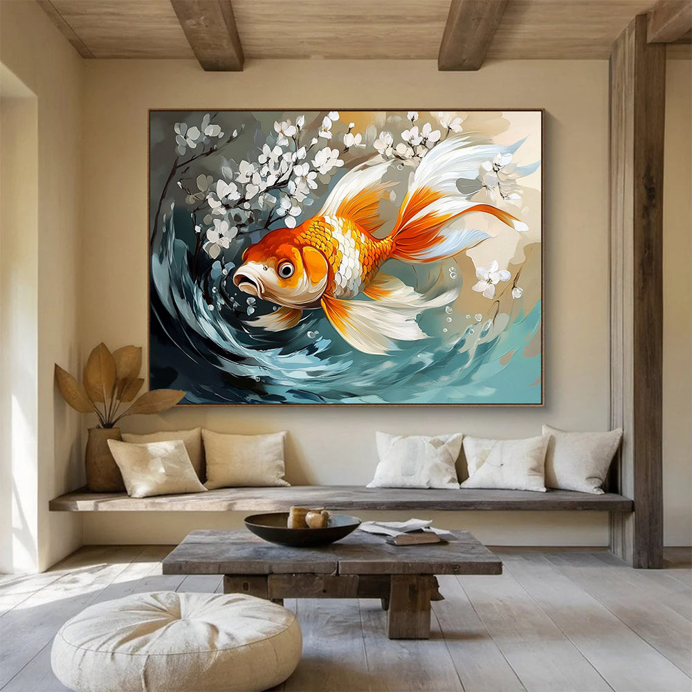 “Goldfish with White Blossoms” - Orange, White, Blue, Nature Scene with Fish - Digital Art HB1650