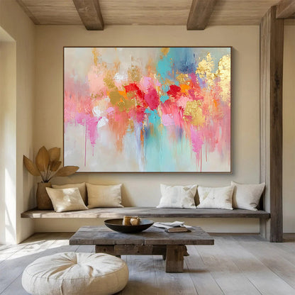 “Pink Gold Blue Abstract Drips” - Pink, gold, blue, beige; Abstract drips with gold highlights HB1290
