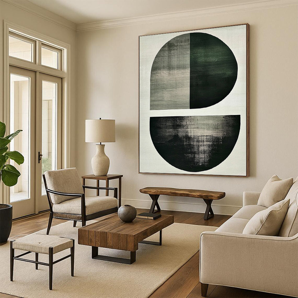 Contemporary abstract art featuring minimalist Japandi style with large green and grey shapes a central oval and umber half-circle on a white background. DLZ1617