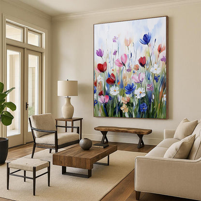 Contemporary hand-painted abstract artwork featuring vibrant wildflowers in soft brushstrokes, showcasing a harmonious color scheme on textured paper. DLZ1496