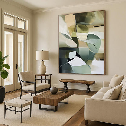 Contemporary abstract artwork featuring muted green tones and light colors against a dark gray background, inspired by Frey and Marie-Suze van der Hout. DLZ0490