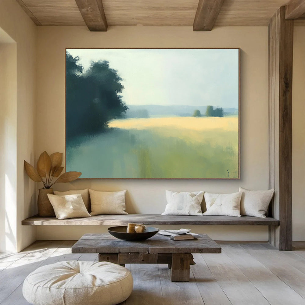 “Misty Field Landscape” - Green, yellow, blue, soft focus, Impressionist Landscape Painting HB0620
