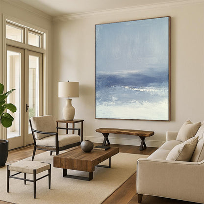 Contemporary abstract painting featuring a foggy sea in grey and blue, inspired by James Whistler's minimalist style, perfect for modern decor. DLZ0595