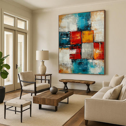 Contemporary abstract artwork featuring textured blocks and squares in teal, reds, oranges, gray, cream, and beige for a vibrant atmosphere. DLZ0478