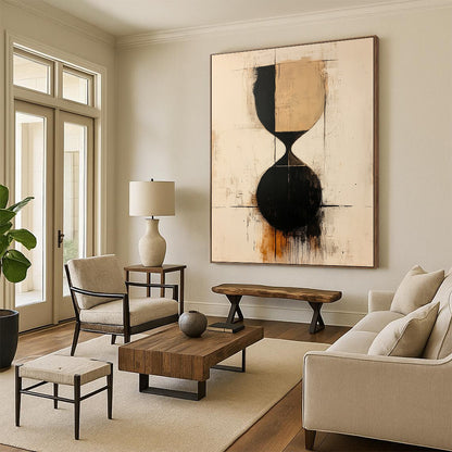Contemporary abstract painting showcasing an hourglass in beige and black shapes with thin lines on a textured white background. DLZ1317