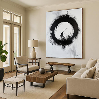 Black and White Textured Circle "Rough Enlightenment" Painting On Canvas HB265