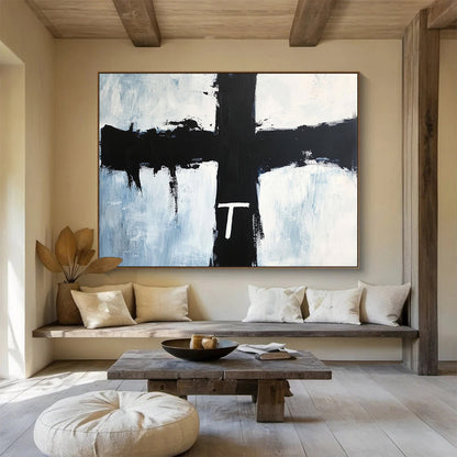 Black Cross with White 'T' on Blue - Symbolic Abstract Painting On Canvas HB0469