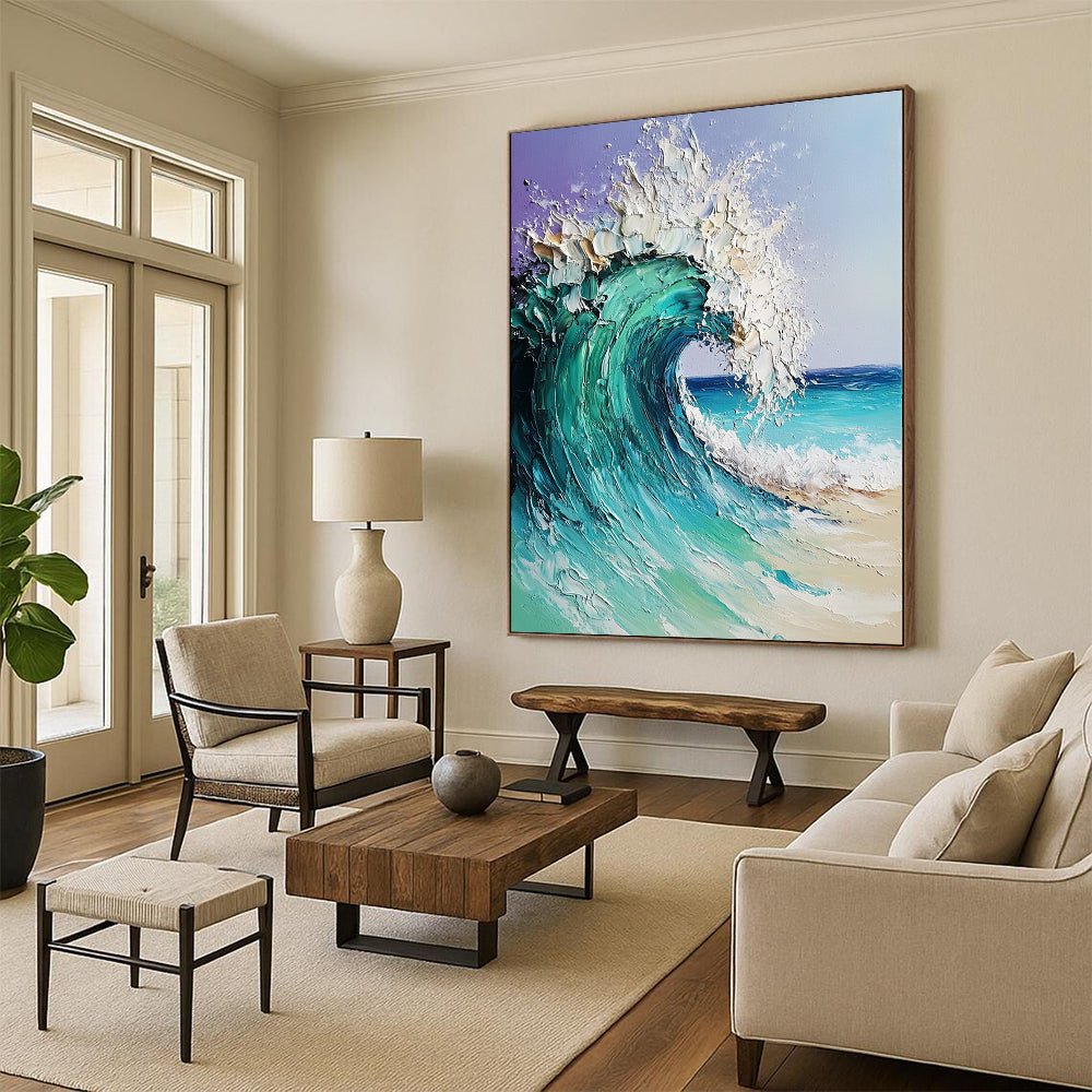 Contemporary hand-painted abstract artwork featuring a dreamy ocean wave in turquoise and blue with textured impasto brushwork on a light purple background. DLZ1095