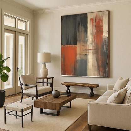 Contemporary hand-painted abstract art featuring a striking orange grey and beige vertical brushstroke on a dark gray background. DLZ1018