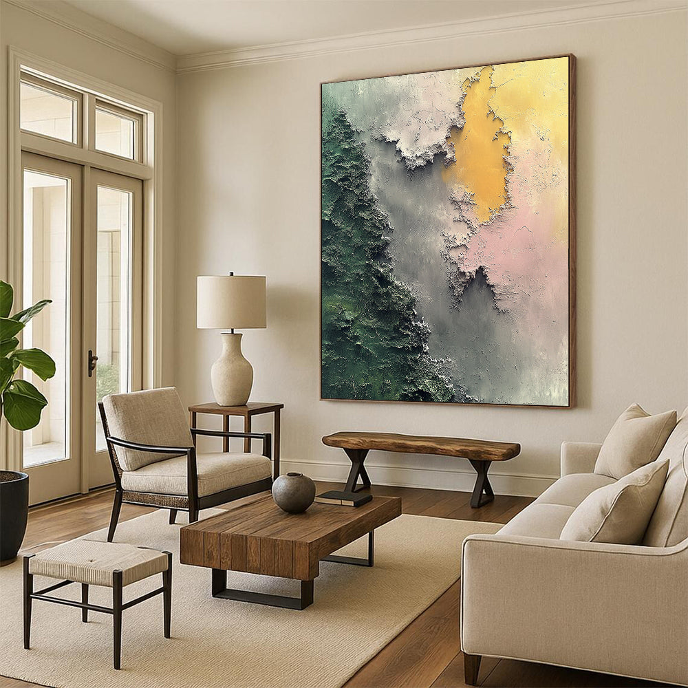 Contemporary hand-painted abstract art features aerial topography in soft greens and grays with islands in light pink and dark gray evoking mystery. DLZ0568