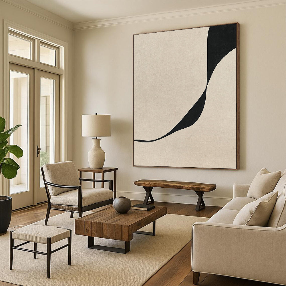 Contemporary abstract art featuring a minimalist design with a curved line on a textured beige and black canvas for a refined aesthetic. DLZ1131