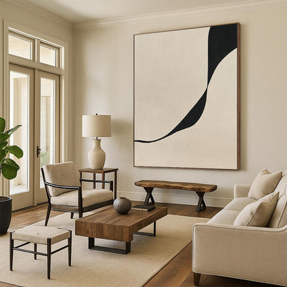 Contemporary abstract art featuring a minimalist design with a curved line on a textured beige and black canvas for a refined aesthetic. DLZ1131