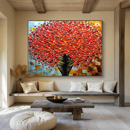 Textured Red Flower Tree - Striking Living Room or Dining Room Decor DLZ226