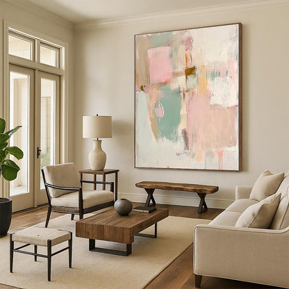 Contemporary hand-painted abstract artwork featuring soft pinks greens and whites highlighting textured beige paper with faded pastel shapes and forms. DLZ1062