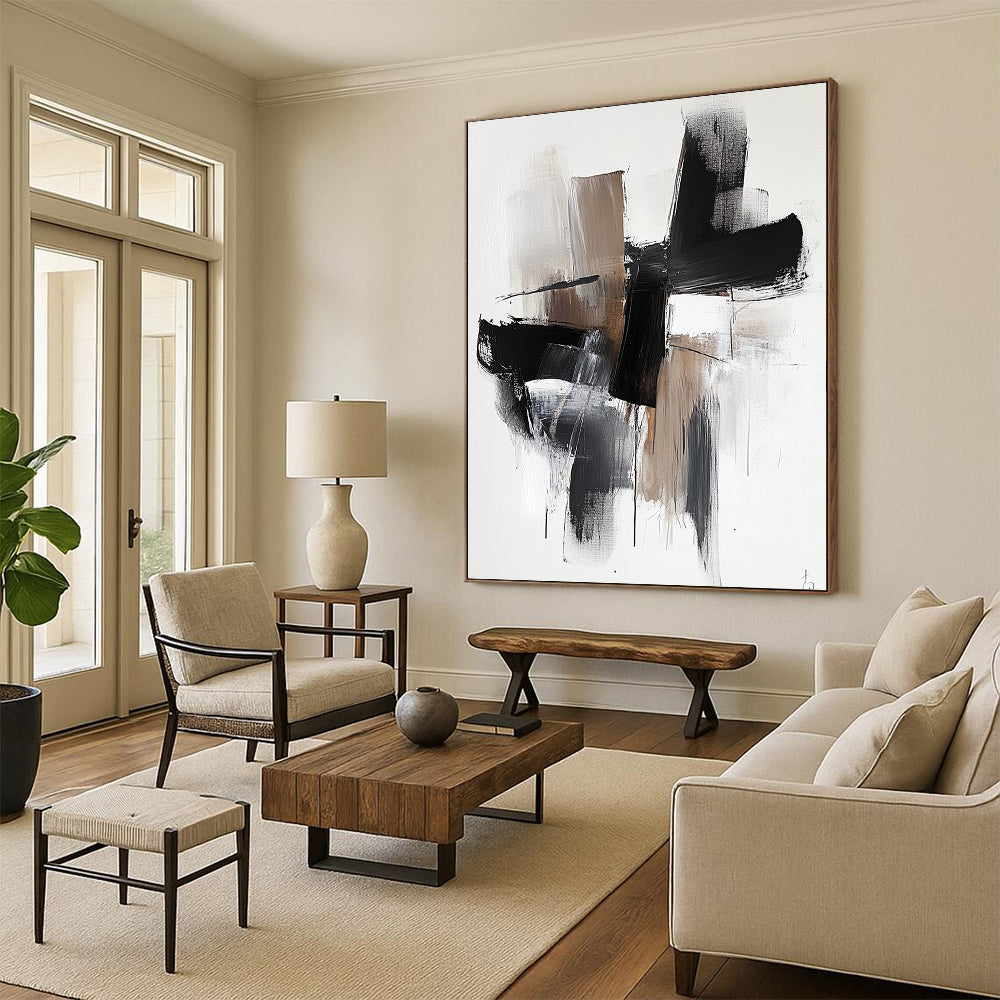 Contemporary hand-painted abstract art features bold black shapes with brown tones and white highlights on a minimalist background for a striking visual impact. DLZ0315