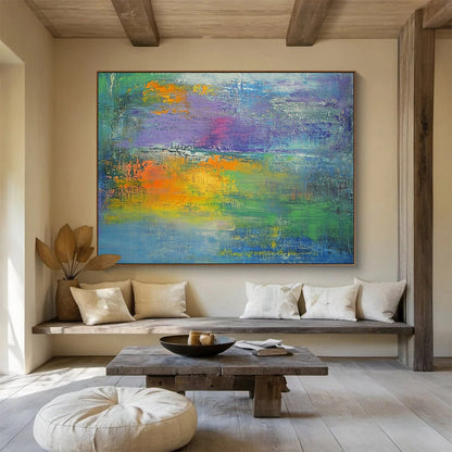 “Colorful Abstract Landscape” - Green, blue, purple, orange, yellow; Colorful abstract landscape with thick brushstrokes; Oil Painting On Canvas HB1275