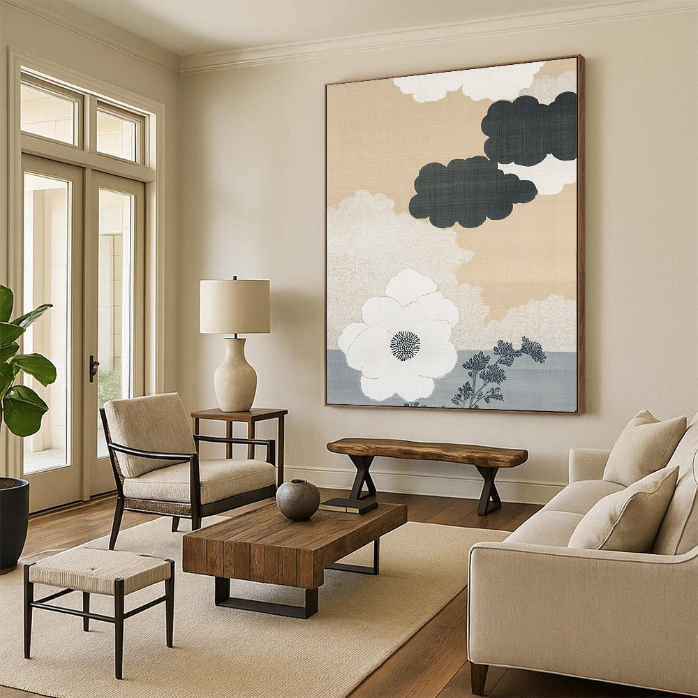 Contemporary abstract art features a beige and white cloud pattern on a gray ombre background with a large white flower and minimalist accents. DLZ1134