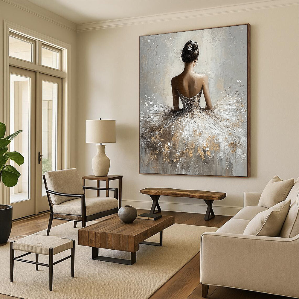 Contemporary abstract painting featuring a graceful ballerina in a shimmering dress with a soft grey background and ethereal romantic lighting. DLZ1663