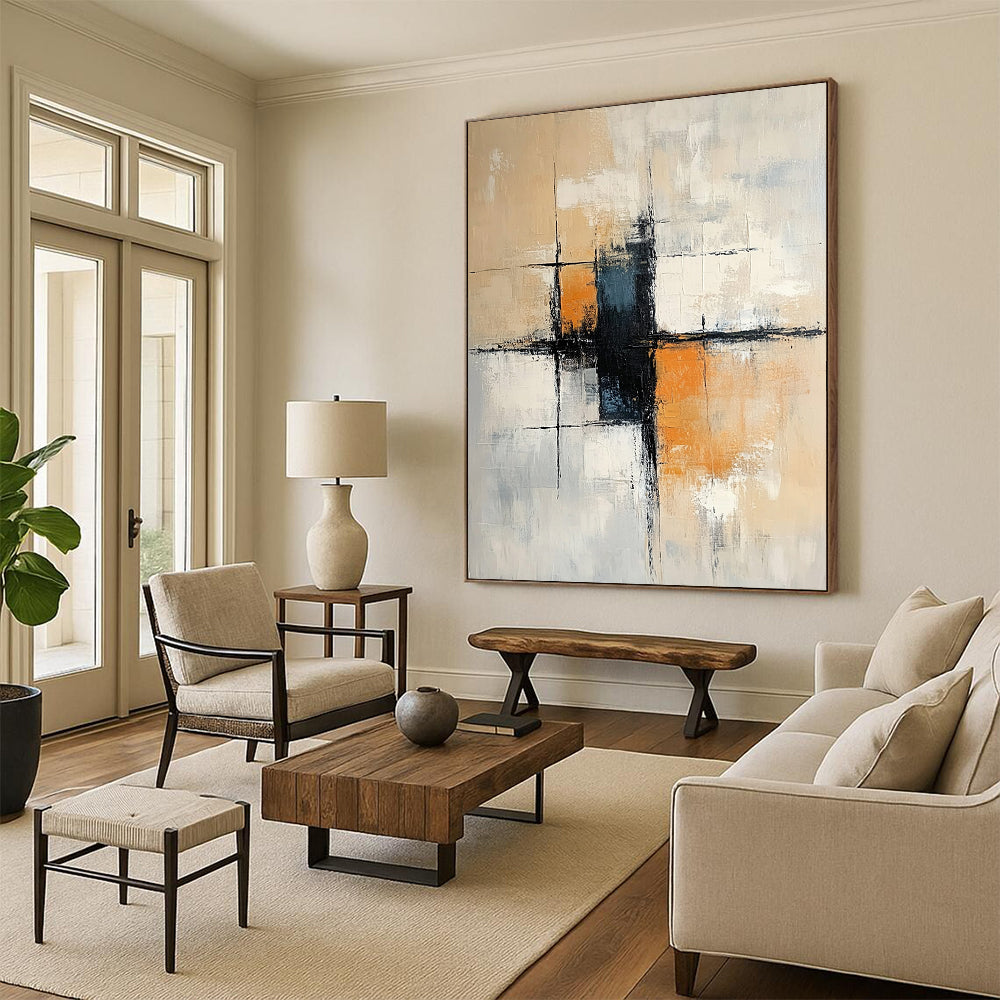Large contemporary hand-painted abstract art featuring soft neutral tones with orange accents and black elements, incorporating architectural shapes and loose brush strokes. DLZ1058