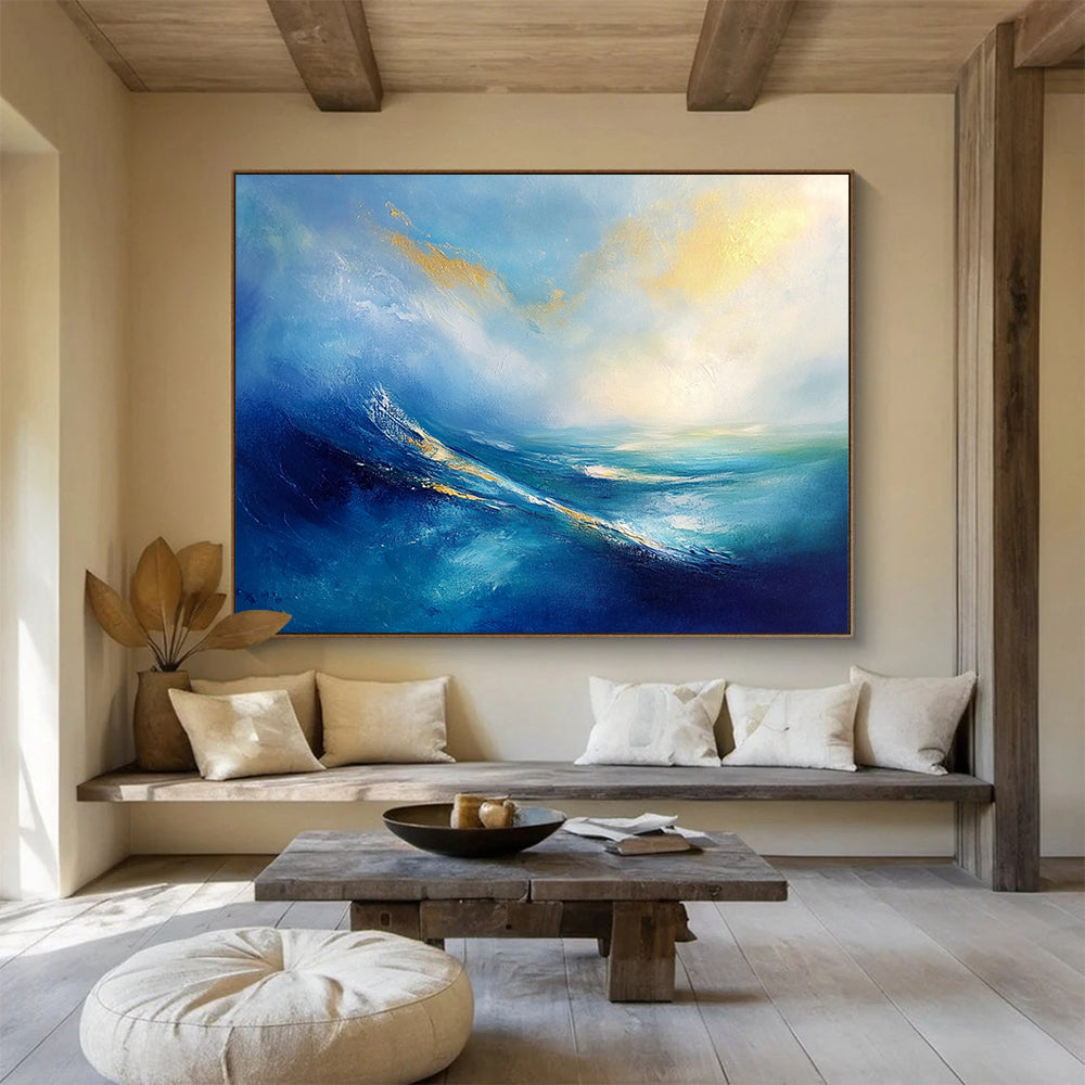 “Blue - Gold Abstract Ocean Waves” - Blue, Gold, White, Ocean Waves Painting On Canvas HB0845