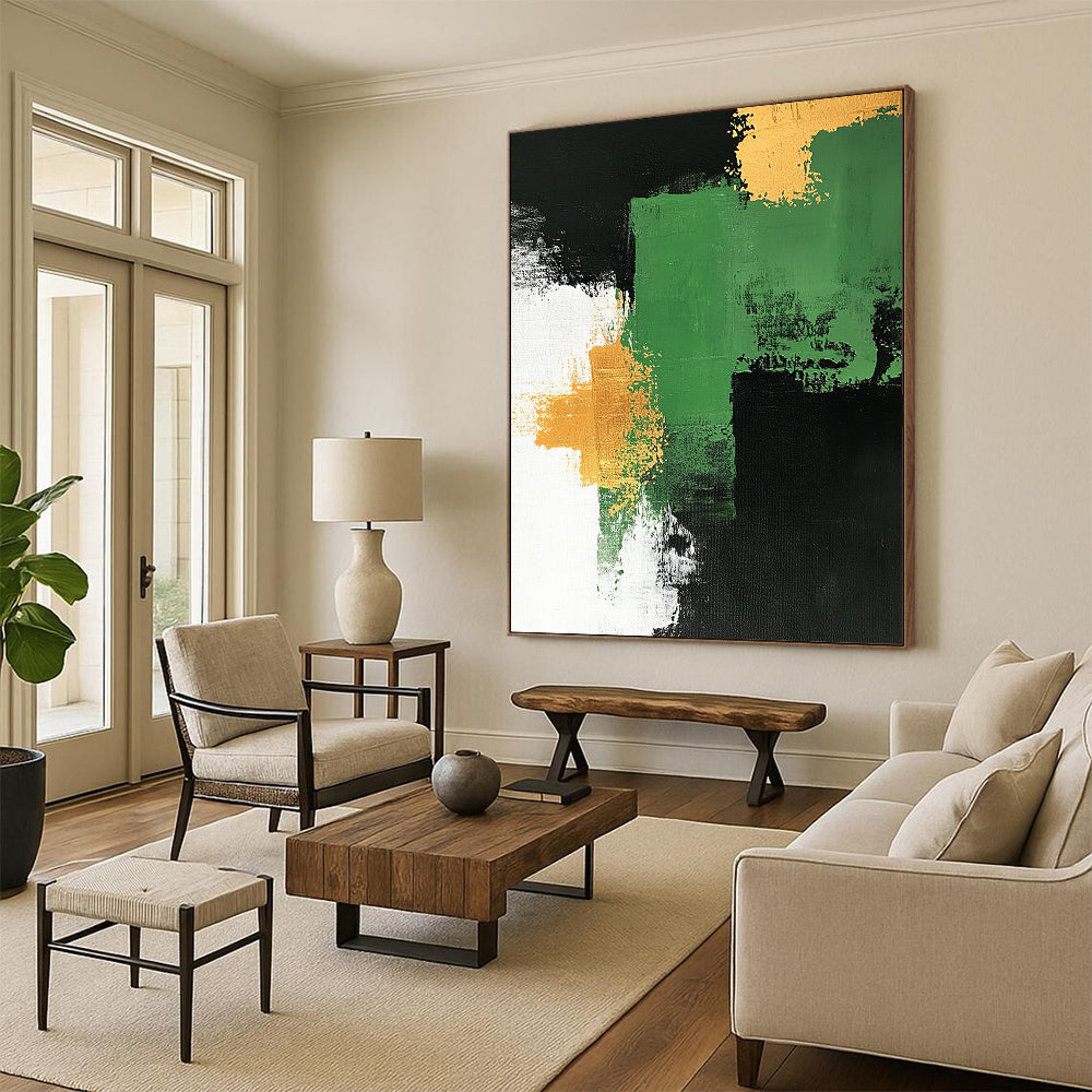 Contemporary hand-painted abstract artwork features a green and white palette with gold accents bold brush strokes on a black background framed by white. DLZ0878