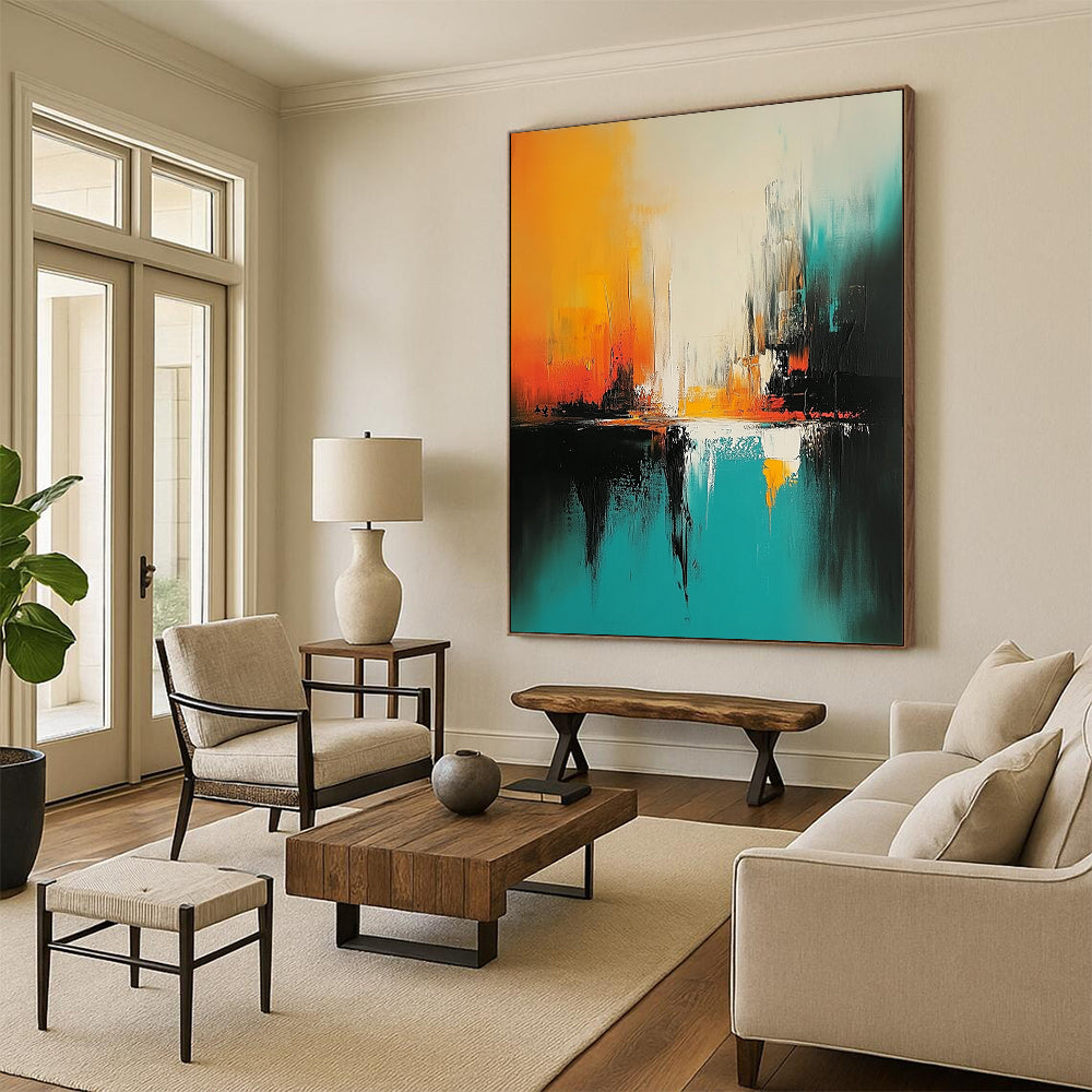 Impressionistic abstract painting featuring turquoise and black brush strokes with white space and vibrant orange and yellow hues creating a nature-inspired immersive experience. DLZ0541