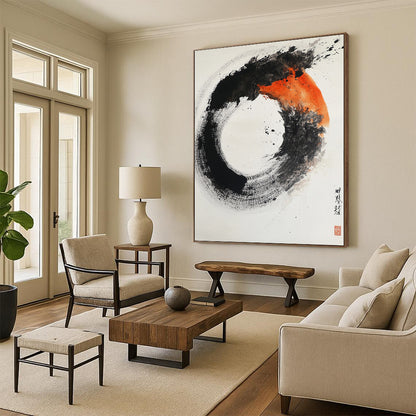 Black, White, Orange, Gray, Textured Circle "Fiery Enso" Abstract Expressionist Painting On Canvas HB106