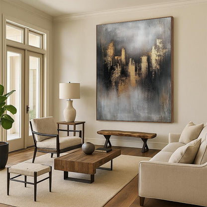 Contemporary abstract art featuring gray and gold skyline elements textured on canvas with a minimalist industrial feel and ambient lighting highlights. DLZ0520
