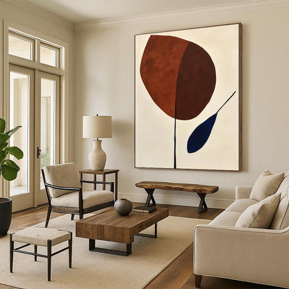 Contemporary abstract painting featuring organic shapes in brown and blue on a minimalist white background, evoking mid-century artistic style. DLZ1309