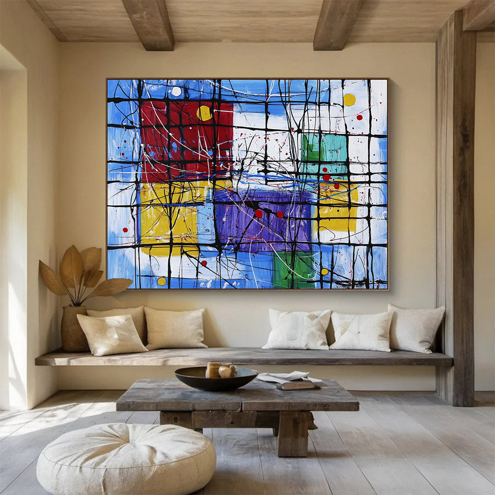 “Colorful Geometric Abstract with Black Grid” - Modernist Painting On Canvas HB0518