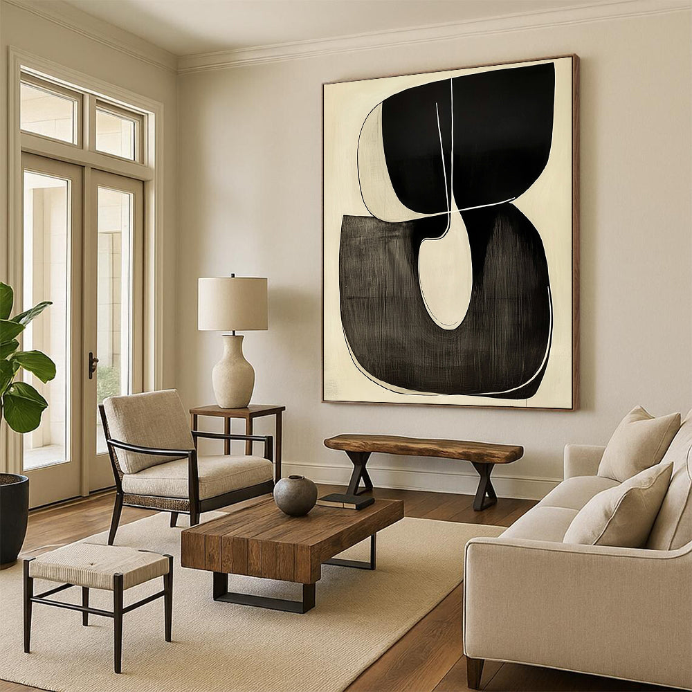Contemporary hand-painted abstract art featuring a looping R shape outlined in white against a minimalist black and white background. DLZ1341