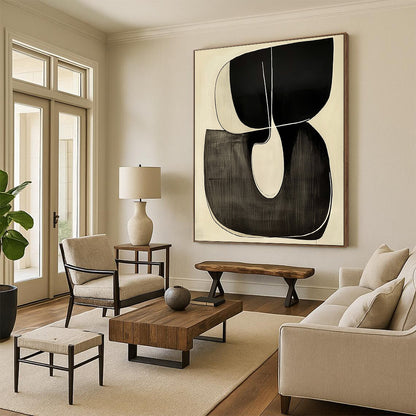 Contemporary hand-painted abstract art featuring a looping R shape outlined in white against a minimalist black and white background. DLZ1341