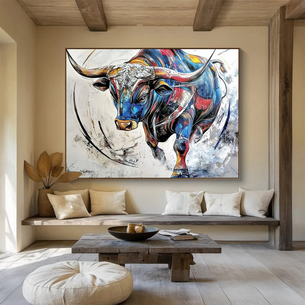 “Colorful Charging Bull” - Vibrant multicolor bull, Dynamic Painting On Canvas HB0577