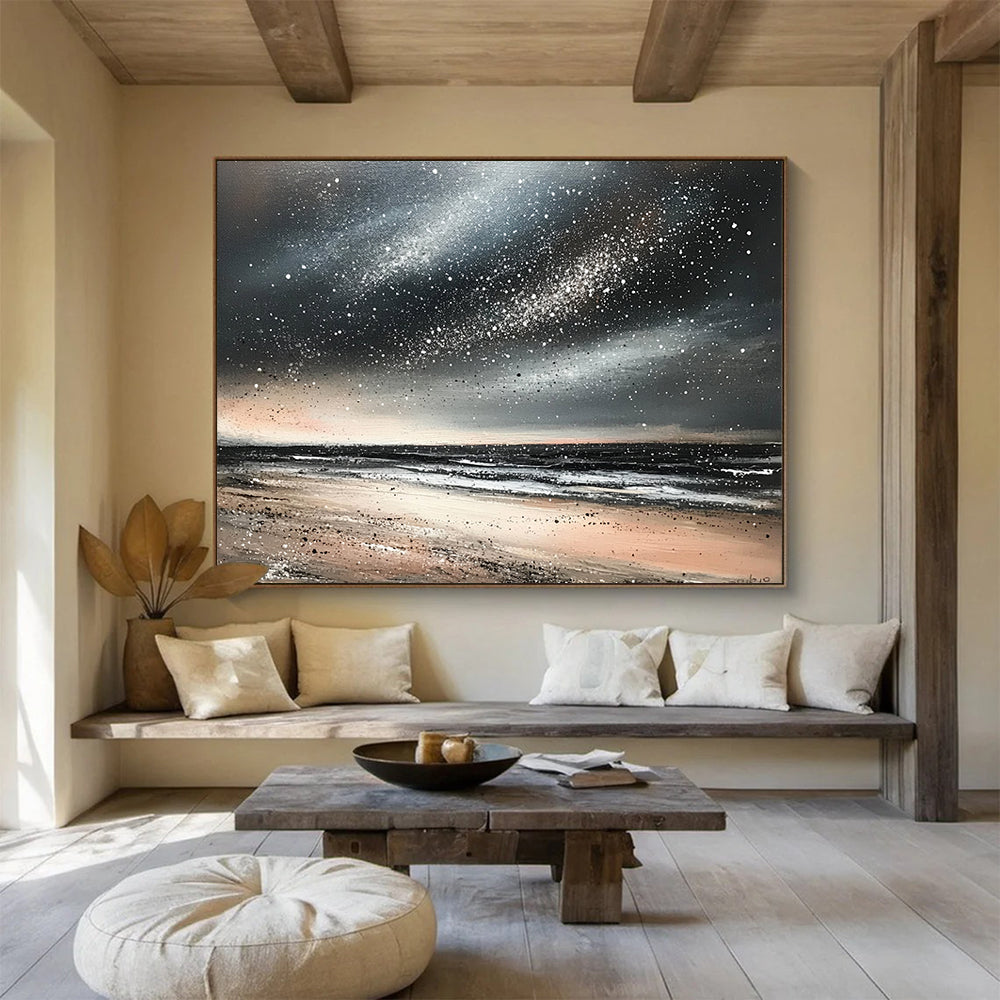 “Starry Beach Night” - Blacks, whites, beiges, silvers; Starry sky over a quiet beach; Mixed Media Painting On Canvas HB1183