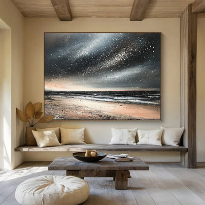 “Starry Beach Night” - Blacks, whites, beiges, silvers; Starry sky over a quiet beach; Mixed Media Painting On Canvas HB1183